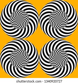 Optical illusion, moving effect of rotation. Seamless pattern with spin twirling circles. Op art background.