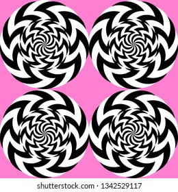 Optical illusion, moving effect of rotation. Seamless pattern with spin twirling circles. Op art background.