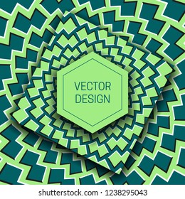 Optical Illusion Moving Green Shades Background With Hexagonal Frame For Text. Trendy Packaging Design Or Cover Template.