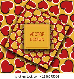 Optical illusion moving red yellow background with square frame for text. Trendy packaging design or cover template.