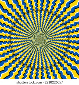 Optical illusion moving striped background with reverse spinning circle.