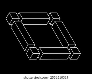 Optical illusion objects, impossible figures, white lines on a black background, optical art shapes. Geometric figure. Escher style.