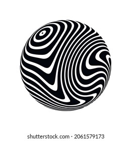 Optical illusion on 3d sphere. Sphere of stripes. Illusion effect. Black and white 3d art. Vector illustration.