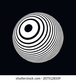 Optical illusion on 3d sphere. Sphere of stripes. Illusion effect. Black and white 3d art. Vector illustration.
