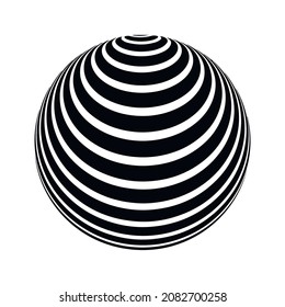 Optical illusion on 3d sphere. Sphere of stripes. Illusion effect. Black and white 3d art. Vector illustration.