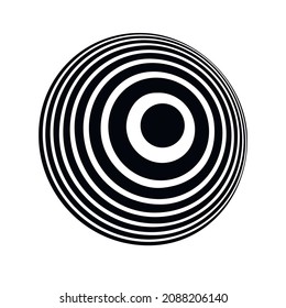 Optical illusion on 3d sphere. Sphere of stripes. Illusion effect. Black and white 3d art. Vector illustration.