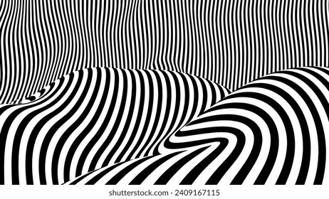 Optical illusion op art wavy background with black and white stripes texture.