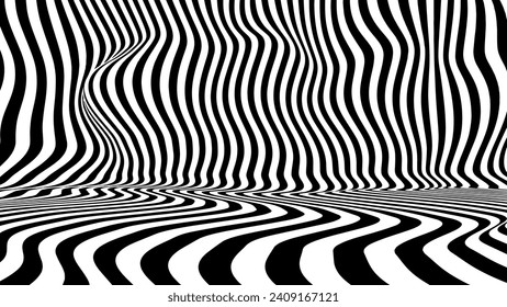 Optical illusion op art wavy background with black and white stripes texture.