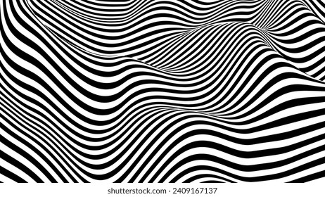 Optical illusion op art wavy background with black and white stripes texture.