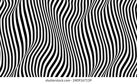 Optical illusion op art wavy background with black and white stripes texture.