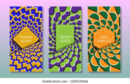 Optical illusion packaging design. Abstract moving backgrounds with frames in pockets. Set of colorful labels templates.