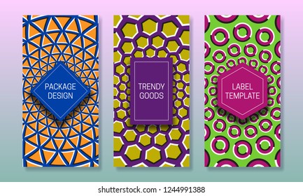 Optical illusion packaging design. Beautiful moving backgrounds with frames for text. Set of creative labels templates.
