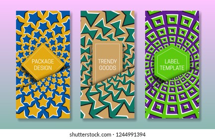 Optical illusion packaging design. Colorful moving backgrounds with frames in pockets. Set of creative labels templates.