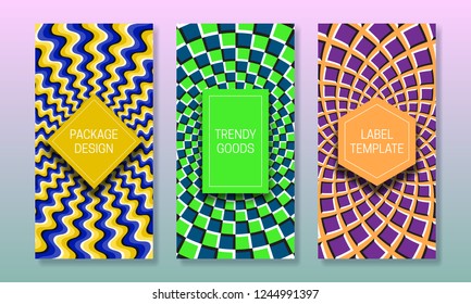 Optical illusion packaging design. Colorful moving backgrounds with frames for text. Set of trendy labels templates.
