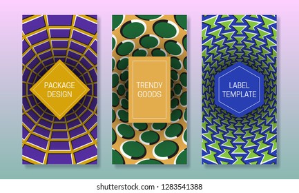 Optical illusion packaging design. Moving colorful backgrounds with frames for text. Set of abstract labels templates.