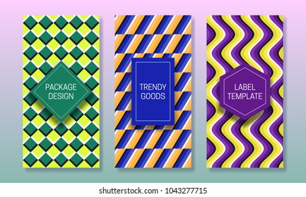Optical illusion packaging design. Set of colorful labels templates for trendy goods. Original beautiful backgrounds with colored frames.