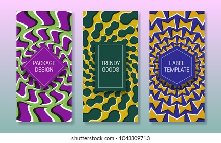 Optical illusion packaging design. Set of colorful labels templates for trendy goods. Original beautiful backgrounds with colored frames.