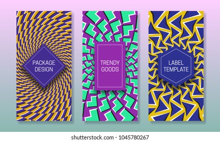 Optical illusion packaging design. Set of colorful labels templates for trendy goods. Original beautiful backgrounds with colored frames.