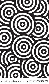 Optical illusion pattern with concentric circles and interlocking black and white shapes.