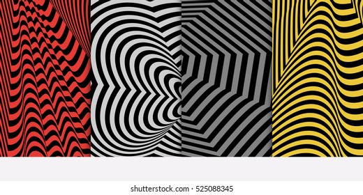 Optical illusion pattern set. Distorsion line. Vector illustration. Red, grey, yellow color. For design, wallpaper