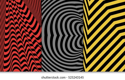 Optical illusion pattern set. Distorsion line. Vector illustration. Red, grey, yellow color. For design, wallpaper