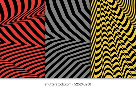 Optical illusion pattern set. Distorsion line. Vector illustration. Red, grey, yellow color. For design, wallpaper