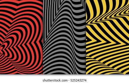 Optical illusion pattern set. Distorsion line. Vector illustration. Red, grey, yellow color. For design, wallpaper