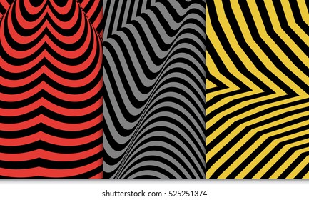 Optical illusion pattern set. Distorsion line. Vector illustration. Red, grey, yellow color. For design, wallpaper