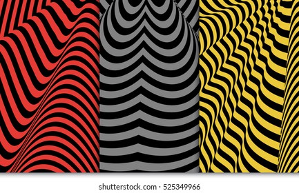 Optical illusion pattern set. Distorsion line. Vector illustration. Red, grey, yellow color. For design, wallpaper