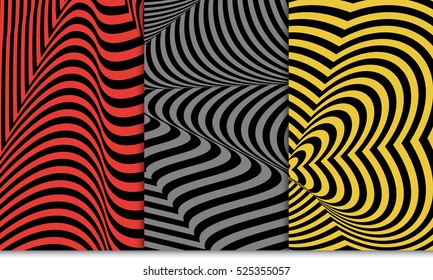 Optical illusion pattern set. Distorsion line. Vector illustration. Red, grey, yellow color. For design, wallpaper