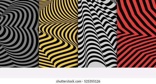Optical illusion pattern set. Distorsion line. Vector illustration. Red, grey, yellow color. For design, wallpaper