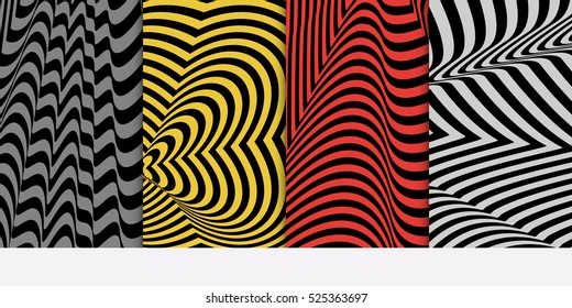 Optical illusion pattern set. Distortion line. Vector illustration. Red, grey, yellow color. For design, wallpaper