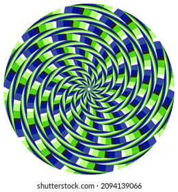 Optical illusion patterned circle of motley spiral stripes. Circular template for motion background design.