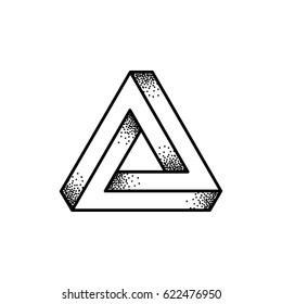 Optical illusion Penrose triangle logo design. Retro print illustration style black and white vector icon.