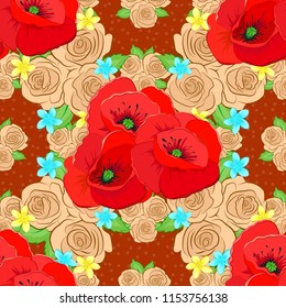 Optical illusion with poppy flowers. Vector illustration good for the interior design, printing, web and textile design. Seamless texture of floral ornament in beige, orange and red colors.