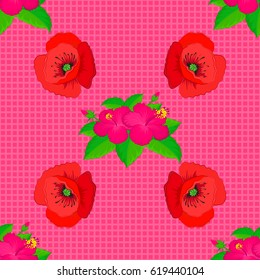 Optical illusion with poppy flowers. Vector illustration good for the interior design, printing, web and textile design. Seamless texture of floral ornament on a pink background.