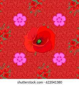 Optical illusion with poppy flowers. Vector illustration good for the interior design, printing, web and textile design. Seamless texture of floral ornament on a red background.