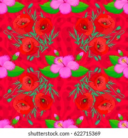 Optical illusion with poppy flowers. Vector illustration good for the interior design, printing, web and textile design. Seamless texture of floral ornament on a red background.