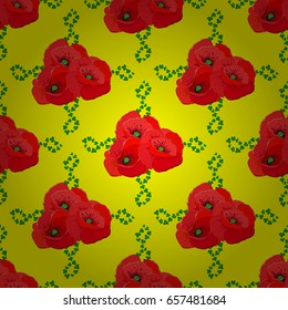 Optical illusion with poppy flowers. Vector illustration good for the interior design, printing, web and textile design. Seamless texture of floral ornament on a yellow background.