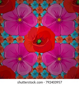 Optical illusion with poppy flowers. Vector illustration good for the interior design, printing, web and textile design. Seamless texture of floral ornament in pink, magenta and red colors.