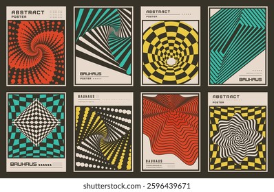 Optical illusion poster. Grid pattern. Geometric card. Graphic abstract with wavy background. Texture design vintage. Retro brochure. Striped spiral. Bauhaus figures. Line wave. Vector art banners set