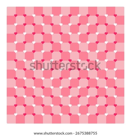 Optical illusion poster of squares moving over a static image in red colors with small pixelated heart icons.