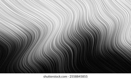 Optical Illusion Psychedelic Graphics Vector Black and White Abstract Background. Dynamic Motion Effect Wavy Smooth Curved Lines Striped Pattern Gray Immersive Wallpaper. Hypnotic Op Art Illustration