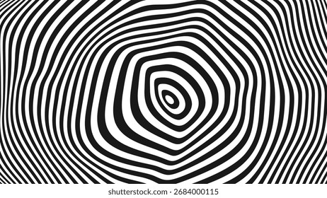 Ilusão Óptica Psicodélica Distorcida Circular Linhas Textura. Projeto de Vetor de Fundo Geométrico Abstrato. Ilustração de arte moderna do padrão preto e branco.