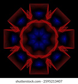 Optical illusion with red and blue geometric shapes forming a deep visual effect. Chromostereopsis-inspired design, perfect for digital art, backgrounds, and futuristic themes.
