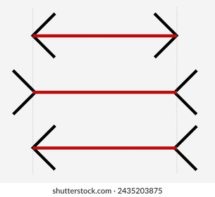 Optical illusion. Red segments of the same length. Vector education illustration