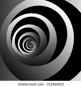 Optical illusion. Repeatedly twisting and disappearing into the distance monochrome metal spiral on a black background.
