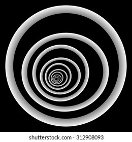 Optical illusion. Repeating fractal decreasing and distorted futuristic white circles.