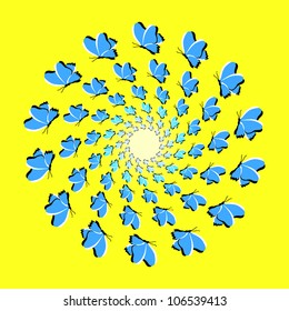 Optical illusion of rotation: background with flying dark blue butterflies (eps10)