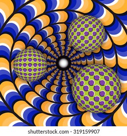 Optical illusion of rotation of three ball around of a moving hole. Abstract background.